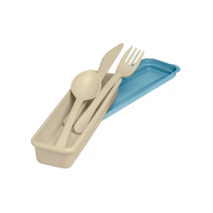 Fiambrera exacompta color beig con tapa color azul incluye 3 cubiertos reutilizables 205x65x40 mm