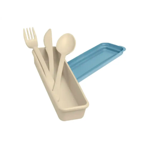 Fiambrera exacompta color beig con tapa color azul incluye 3 cubiertos reutilizables 205x65x40 mm