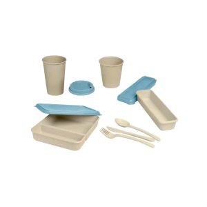 Fiambrera exacompta color beig con tapa color azul incluye 3 cubiertos reutilizables 205x65x40 mm