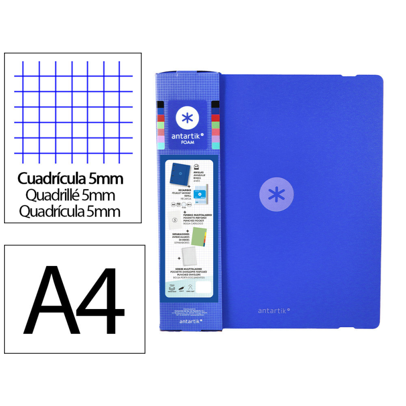 Carpeta con recambio antartik a4 cuadro 5mm foam 4 anillas 35mm mixtas color azul