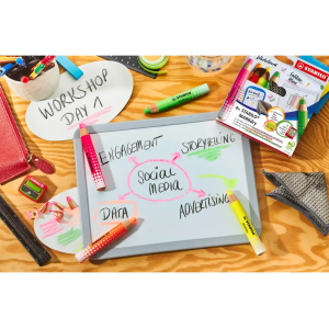 Lapiz marcador stabilo markdry neon para pizarra blanca caja de 4 unidades colores surtidos + sacapuntas