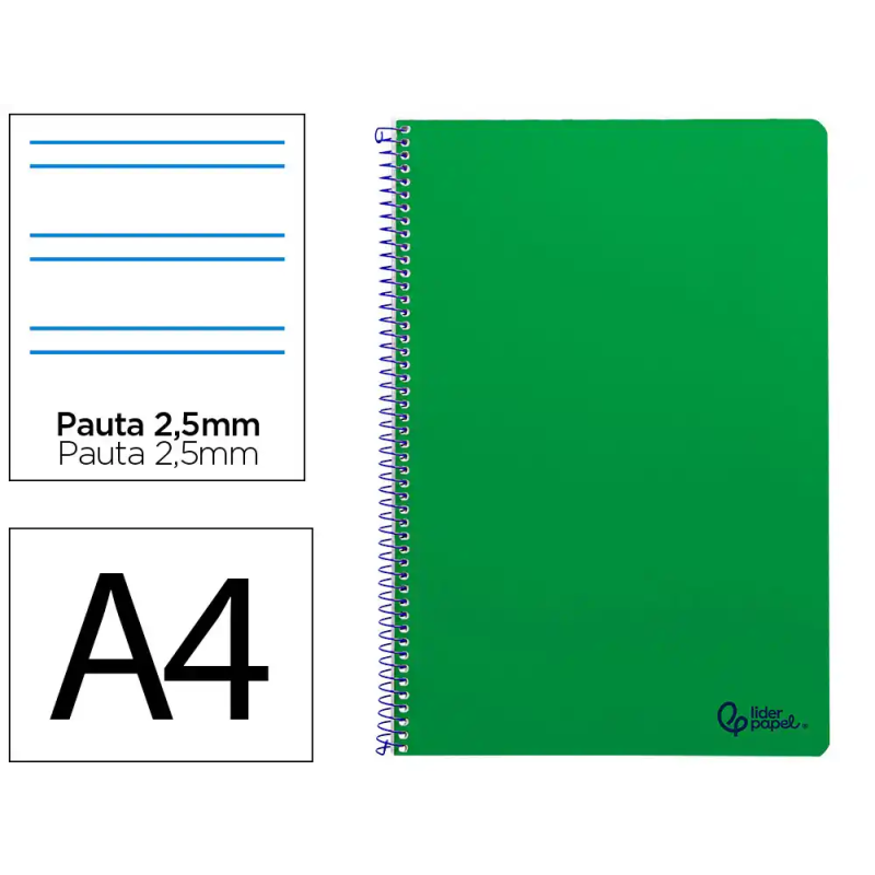 Cuaderno espiral liderpapel a4 smart tapa blanda 80h 75gr pauta 2,5mm con margen color verde