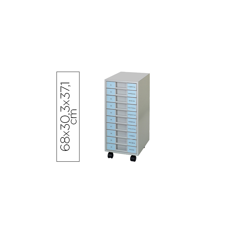 Archivador metalico clen 10 bandejas plastico de 5,5 cm de altura con ruedas color gris claro 680x303x371 mm