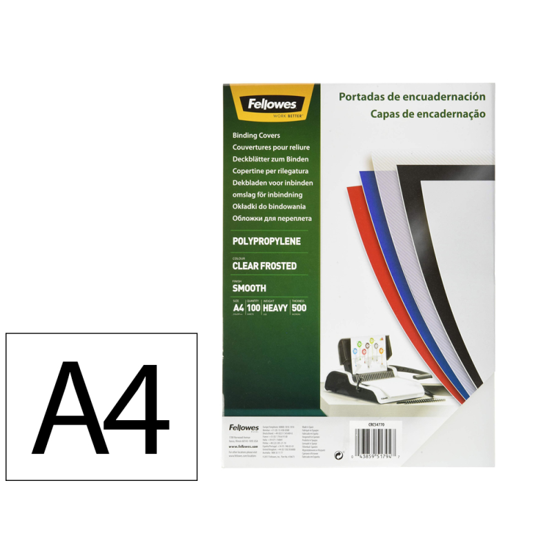Tapa de encuadernacion fellowes din a4 polipropileno transparente 450 micras pack de 100 unidades