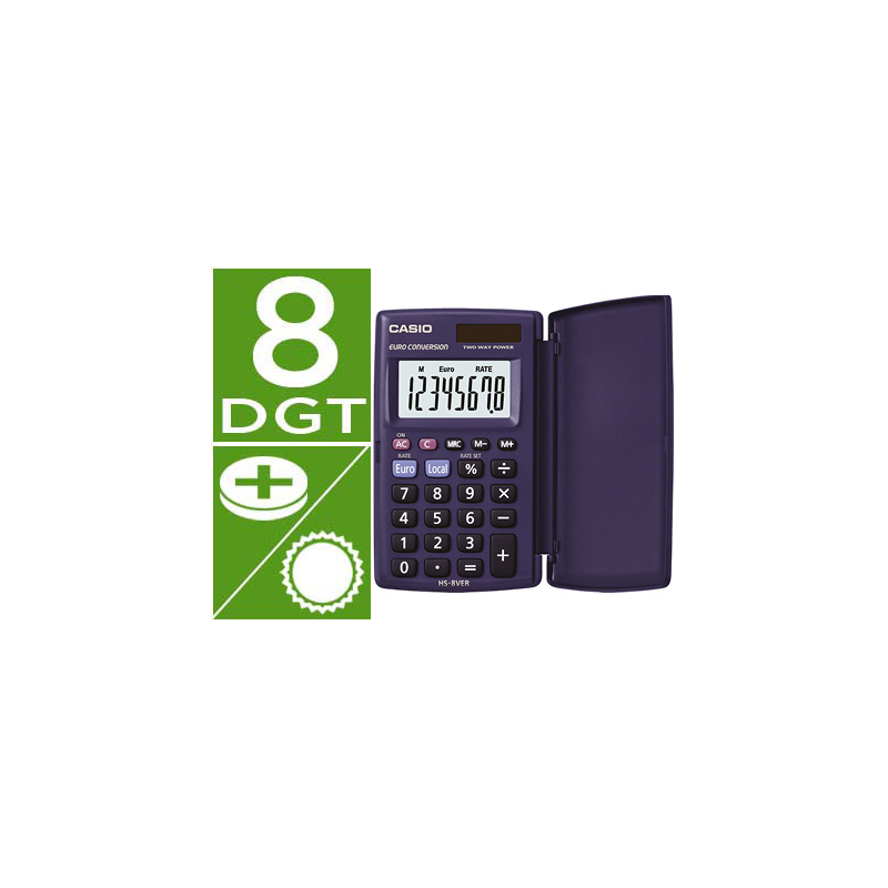 Calculadora casio hs-8ver bolsillo 8 digitos conversion moneda con tapa color azul