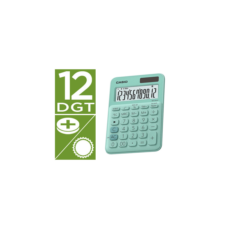 Calculadora casio ms-20uc-gn sobremesa 12 digitos tax +/- color verde