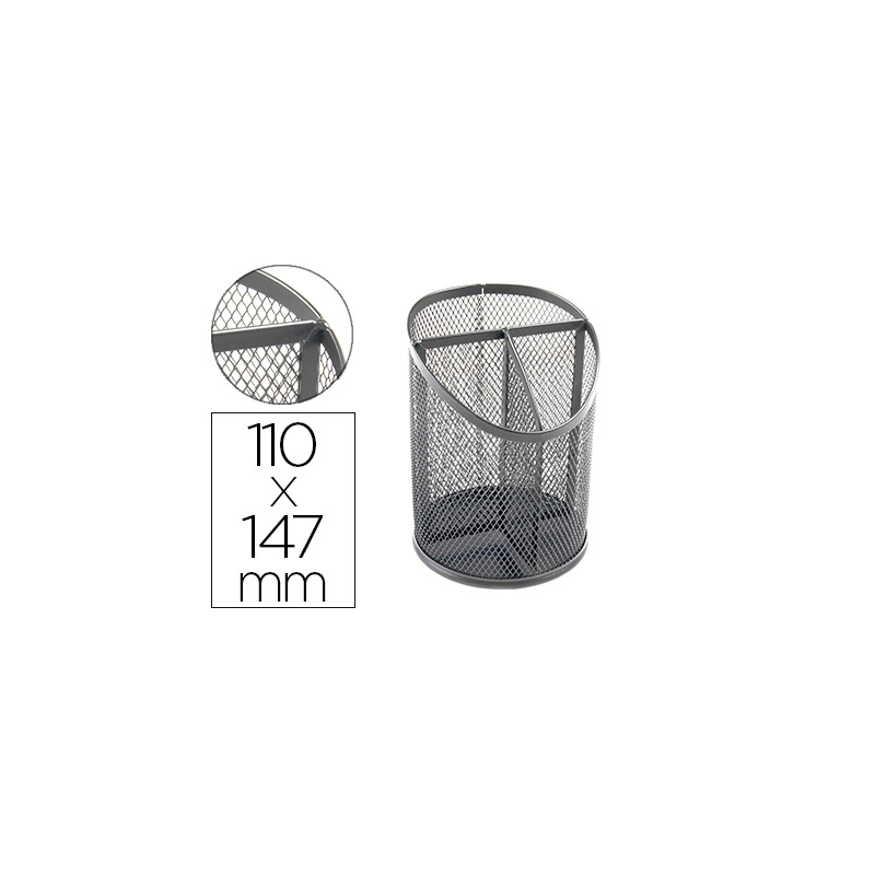 Cubilete portalapices q-connect plata metal redondo rejilla con 3 compartimentos diametro 110 mm alto 147 mm