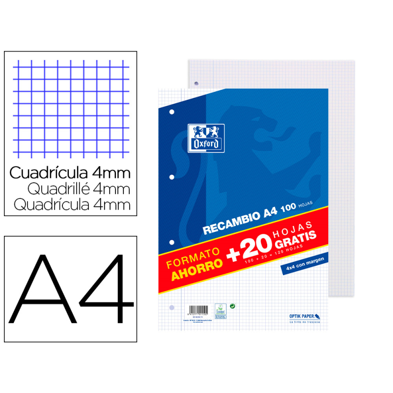 Recambio oxford a4 80 hojas + 20 gratis 90 gr cuadro 4x4 mm con margen