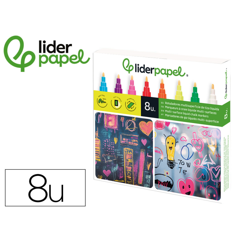 Rotulador liderpapel tiza liquida punta redonda trazo 6 mm caja de 8 unidades colores surtidos