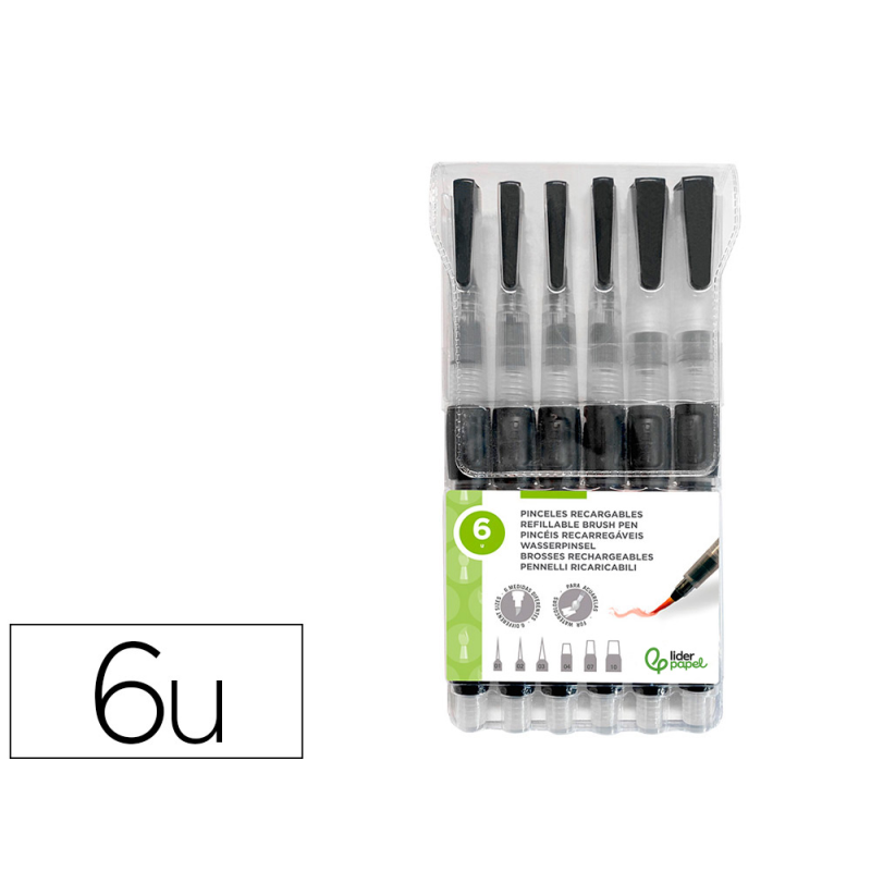 Pincel liderpapel recargable para productos acuarelables set de 6 unidades grosor puntas surtidas