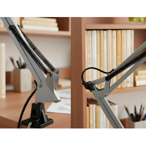 Lampara de escritorio q-connect antares metalica conpinza interruptor brazo doble 3 articulaciones color negro