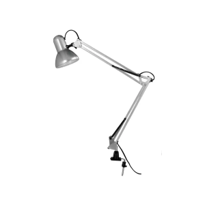 Lampara de escritorio q-connect antares metalica conpinza interruptor brazo doble 3 articulaciones color plata