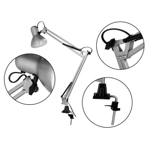Lampara de escritorio q-connect antares metalica conpinza interruptor brazo doble 3 articulaciones color plata