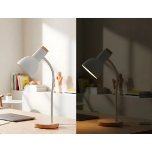 Lampara de escritorio q-connect orion metalica con detalles de madera brazo flexible color blanco
