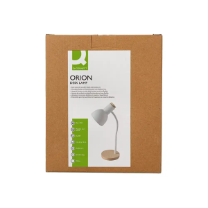 Lampara de escritorio q-connect orion metalica con detalles de madera brazo flexible color blanco