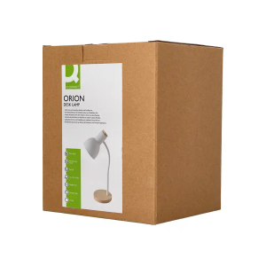 Lampara de escritorio q-connect orion metalica con detalles de madera brazo flexible color blanco