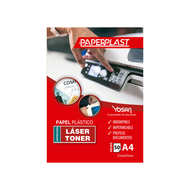 Papel plastico yosan paperplast poliester blanco brillo din a4 250 mc imprimible paquete de 50 hojas