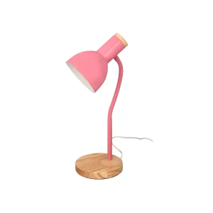 Lampara de escritorio q-connect orion metalica con detalles de madera brazo flexible color rosa