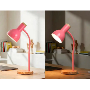 Lampara de escritorio q-connect orion metalica con detalles de madera brazo flexible color rosa