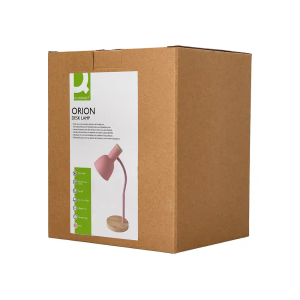 Lampara de escritorio q-connect orion metalica con detalles de madera brazo flexible color rosa