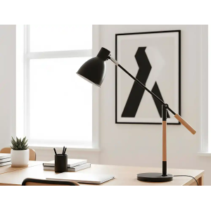 Lampara de escritorio q-connect deneb metalica con detalles de madera interruptor2 articulaciones color negro