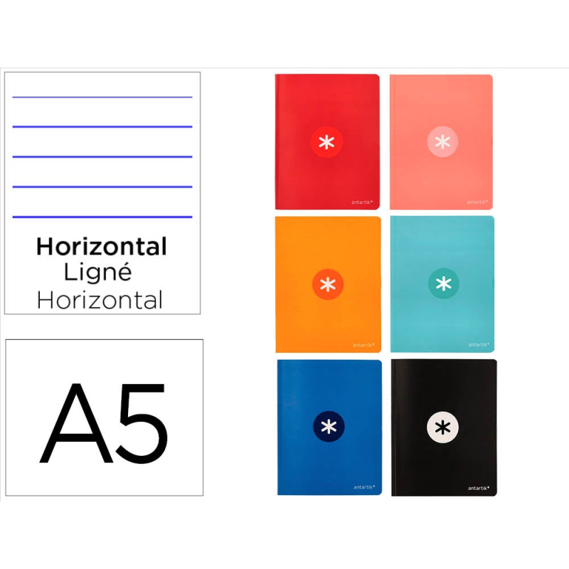 Libreta antartik a5+ plus cosida 48 hojas 90gr rayado horizontal con margen 6 colores surtidos