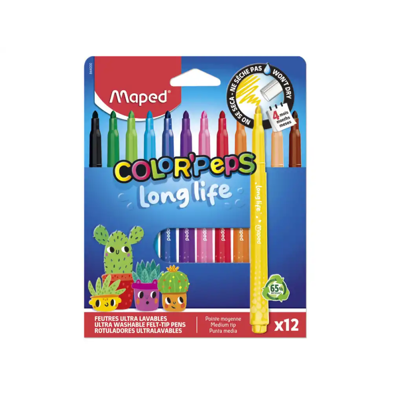 Rotulador maped color peps long life lavable punta media caja de 12 unidades colores surtidos