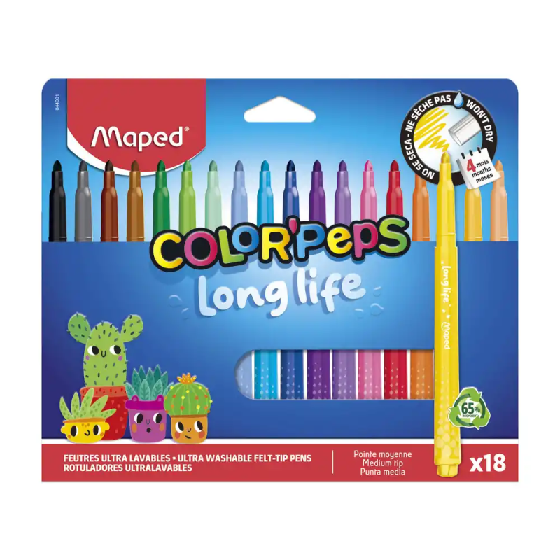 Rotulador maped color peps long life lavable punta media caja de 18 unidades colores surtidos