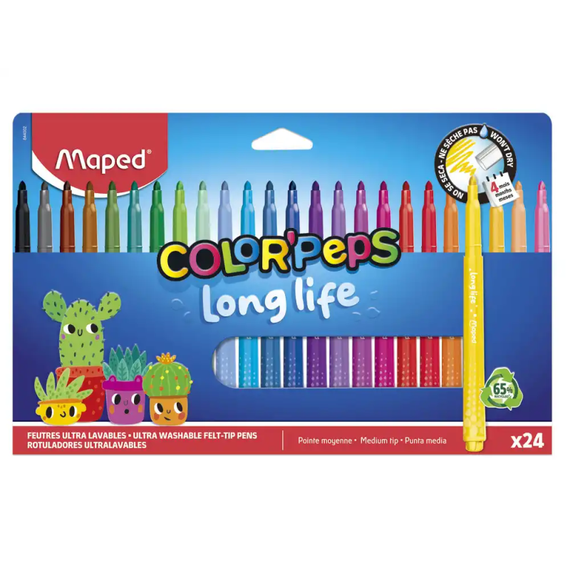 Rotulador maped color peps long life lavable punta media caja de 24 unidades colores surtidos