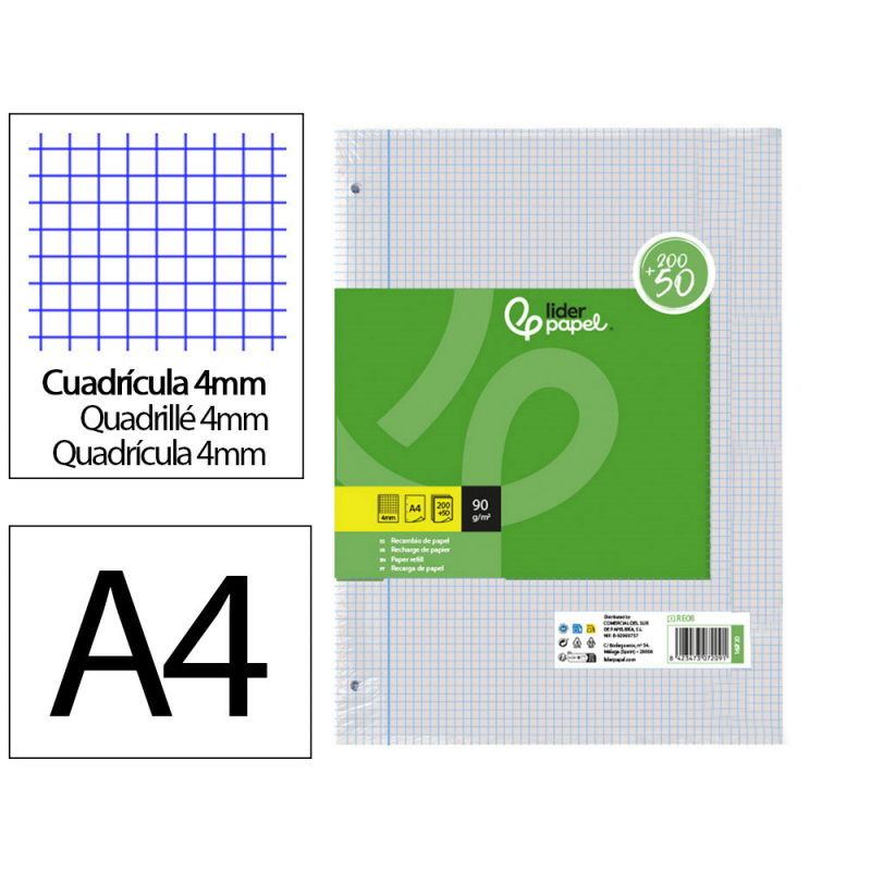 Recambio liderpapel a4 200+50 hojas 90gr cuadro 4mm con margen 4 taladros