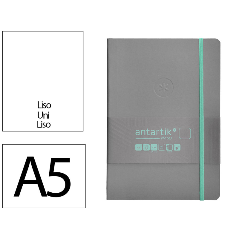 Cuaderno con gomilla antartik notes tapa blanda a5 hojas lisas gris y turquesa 80 hojas 80 gr fsc