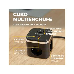 Regleta fellowes cubo multienchufes 3 tomas corriente + 2xusb c + a usb a color negro