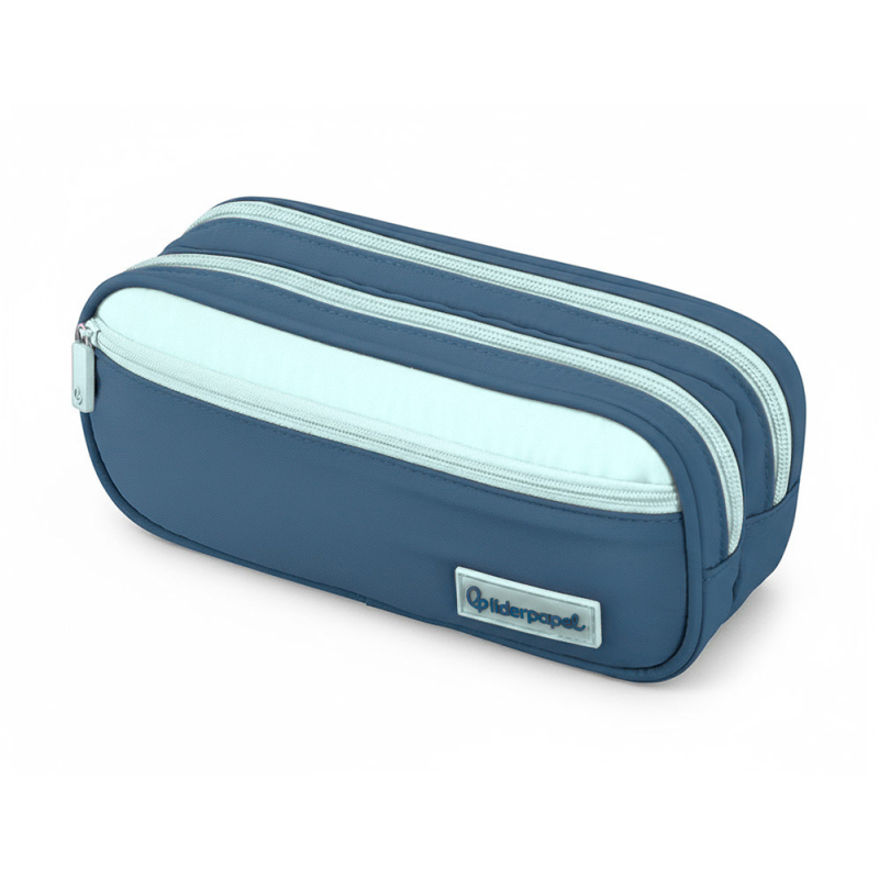 Estuche portatodo liderpapel duo 3 cremalleras con bolsillofrontal azul oscuro 220x90x70 mm