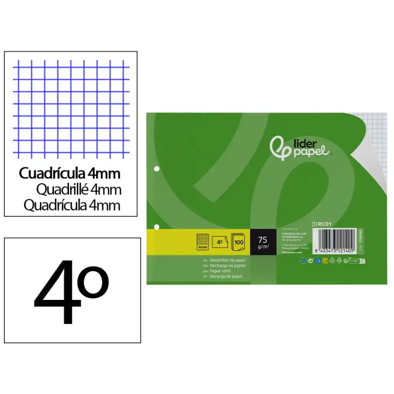 Recambio liderpapel din a5 apaisado 100 hojas 75 gr cuadro 4 mm 2 taladros con margen