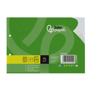 Recambio liderpapel din a5 apaisado 100 hojas 75 gr cuadro 4 mm 2 taladros con margen