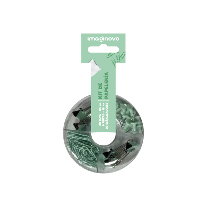 Set de papeleria imaginovo con clips 28mm pinzas 19mm y chinchetas verde