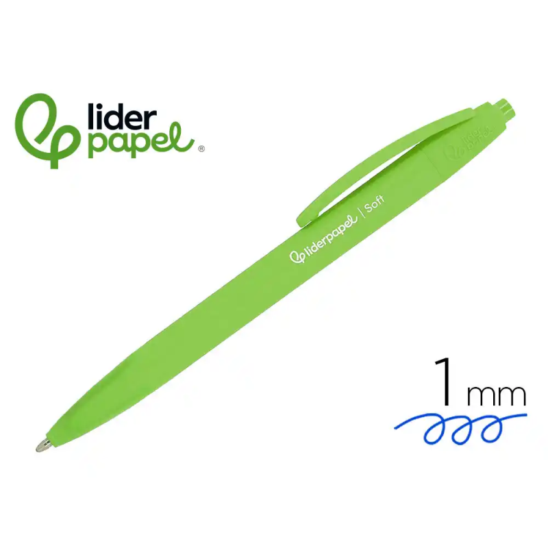 Boligrafo liderpapel punta 1 mm retractil con clip acabado soft touch tinta azul cuerpo verde