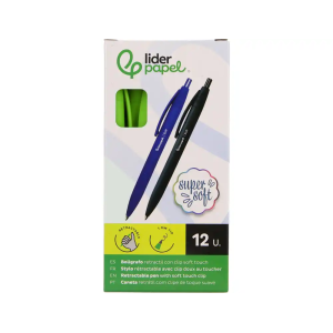 Boligrafo liderpapel punta 1 mm retractil con clip acabado soft touch tinta azul cuerpo verde