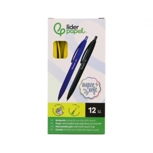 Boligrafo liderpapel punta 1 mm retractil con clip acabado soft touch tinta azul cuerpo amarillo