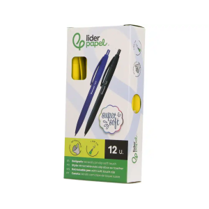 Boligrafo liderpapel punta 1 mm retractil con clip acabado soft touch tinta azul cuerpo amarillo