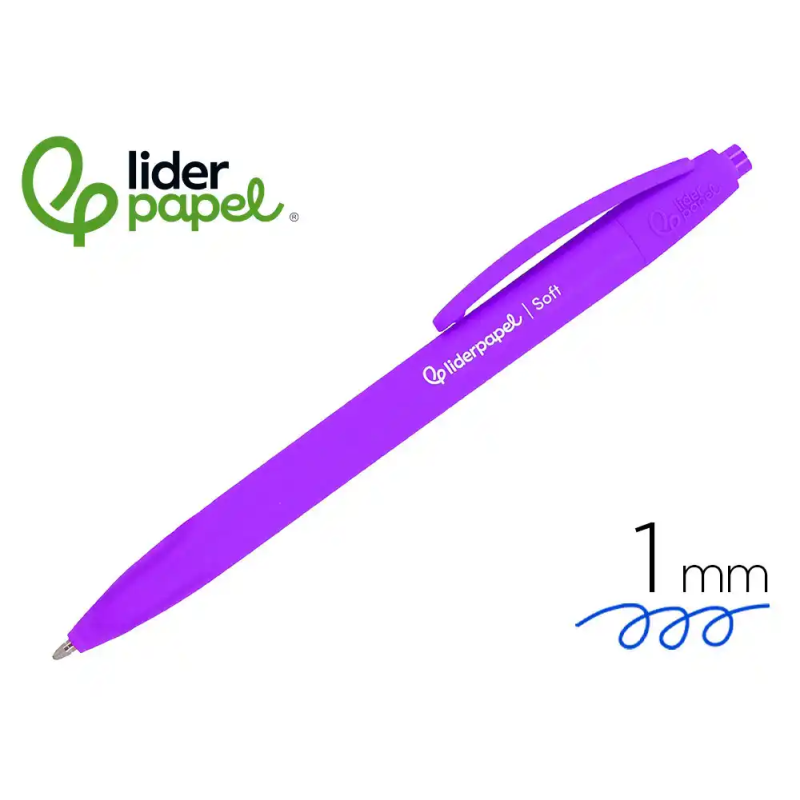 Boligrafo liderpapel punta 1 mm retractil con clip acabado soft touch tinta azul cuerpo morado