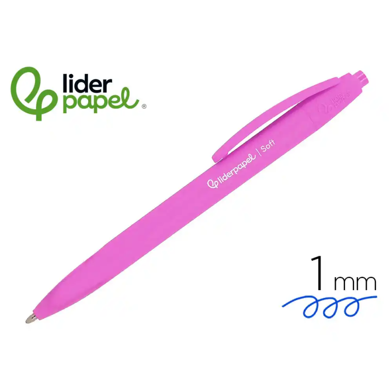 Boligrafo liderpapel punta 1 mm retractil con clip acabado soft touch tinta azul cuerpo rosa