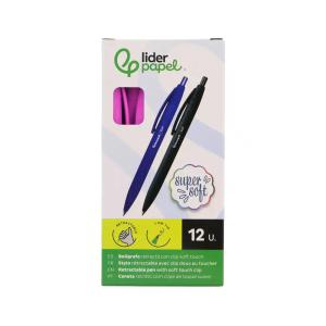 Boligrafo liderpapel punta 1 mm retractil con clip acabado soft touch tinta azul cuerpo rosa