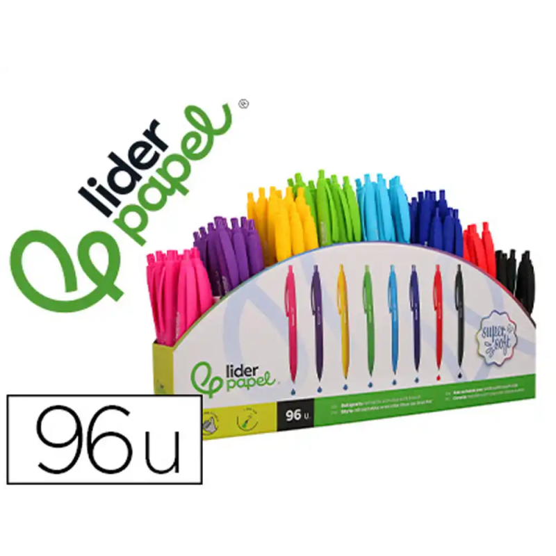 Boligrafo liderpapel retractil con clip acabado soft touch punta 0,7 mm expositor 96 unidades colores