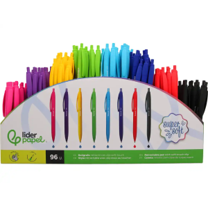 Boligrafo liderpapel retractil con clip acabado soft touch punta 0,7 mm expositor 96 unidades colores