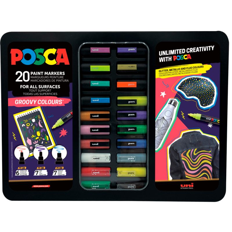 Rotulador uni posca groovy colours marcador de pintura punta conica maletin metalico de 20 unidades colores