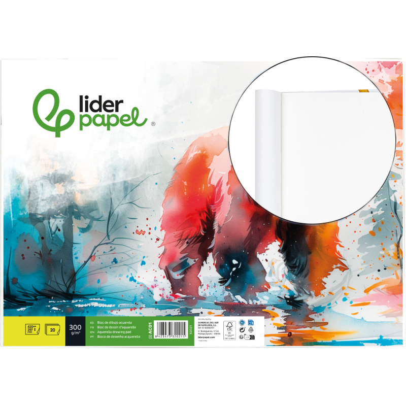 Bloc dibujo liderpapel acuarela encolado 297x420mm 20 hojas 300g m2 sin recuadro