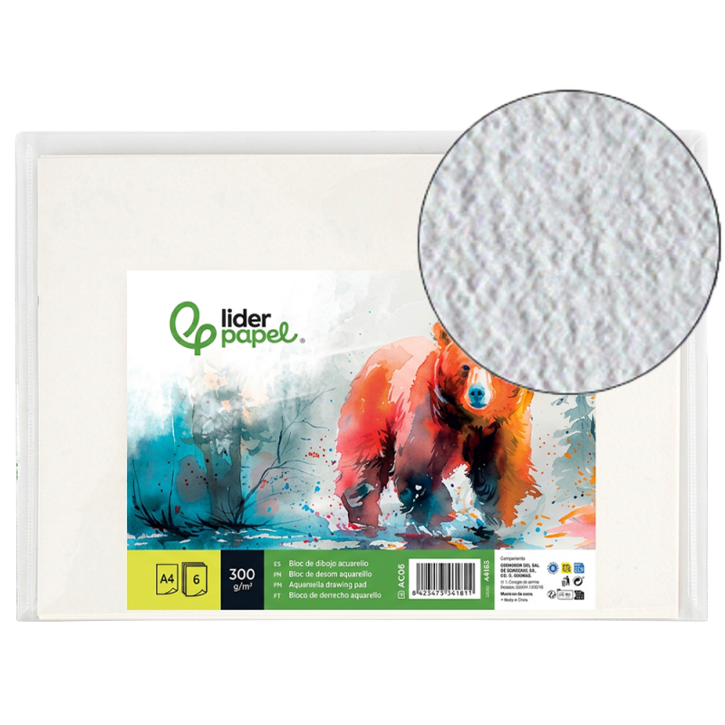 Papel dibujo liderpapel 297x420mm 300g/m2 acuarela pack de 6 hojas
