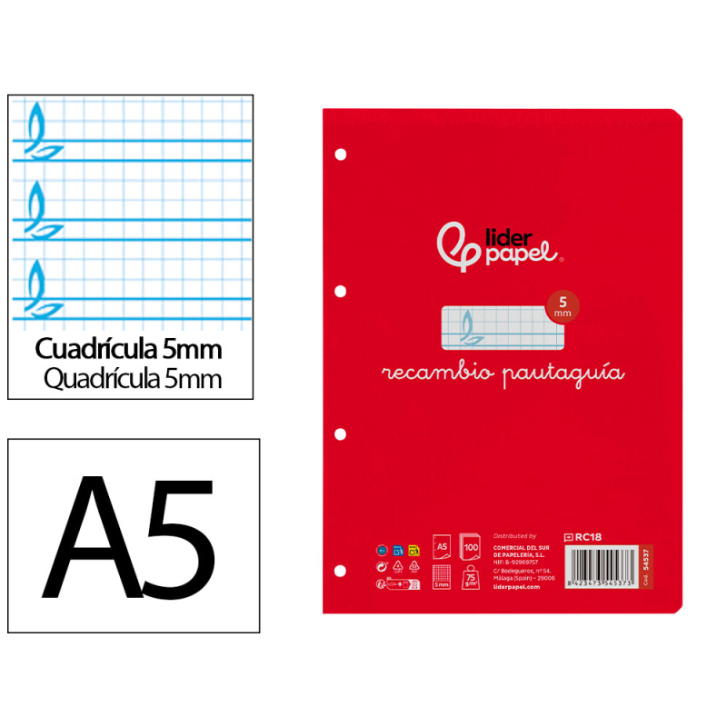 Recambio liderpapel cuarto pautaguia 100 hojas 75gr cuadriculado pautado 5 mm con margen 6 taladros