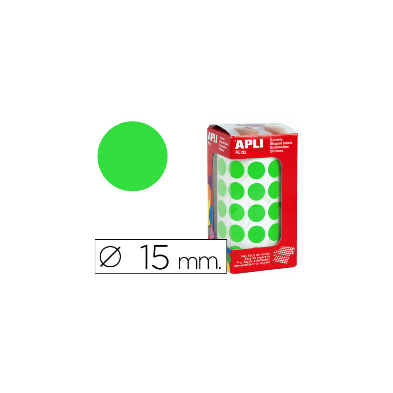 Gomets autoadhesivos circulares 15 mm verde en rollo con 2832 unidades